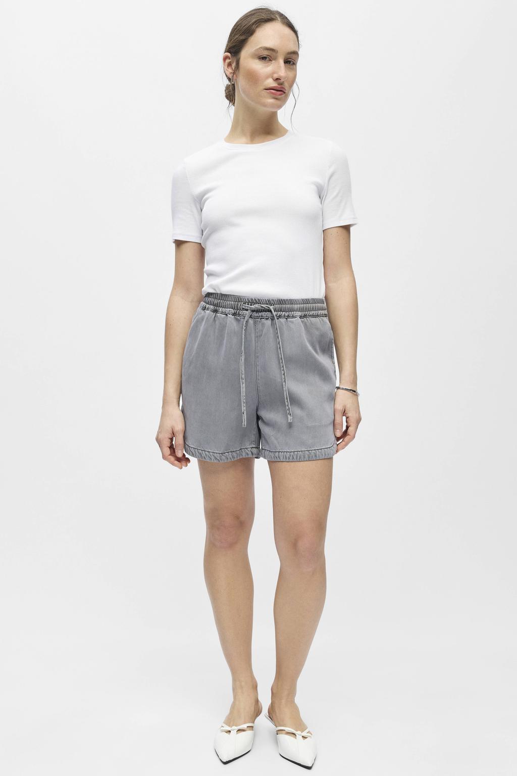 Grey denim dames OBJECT straight regular waist short van denim met elastische tailleband met koord en effen