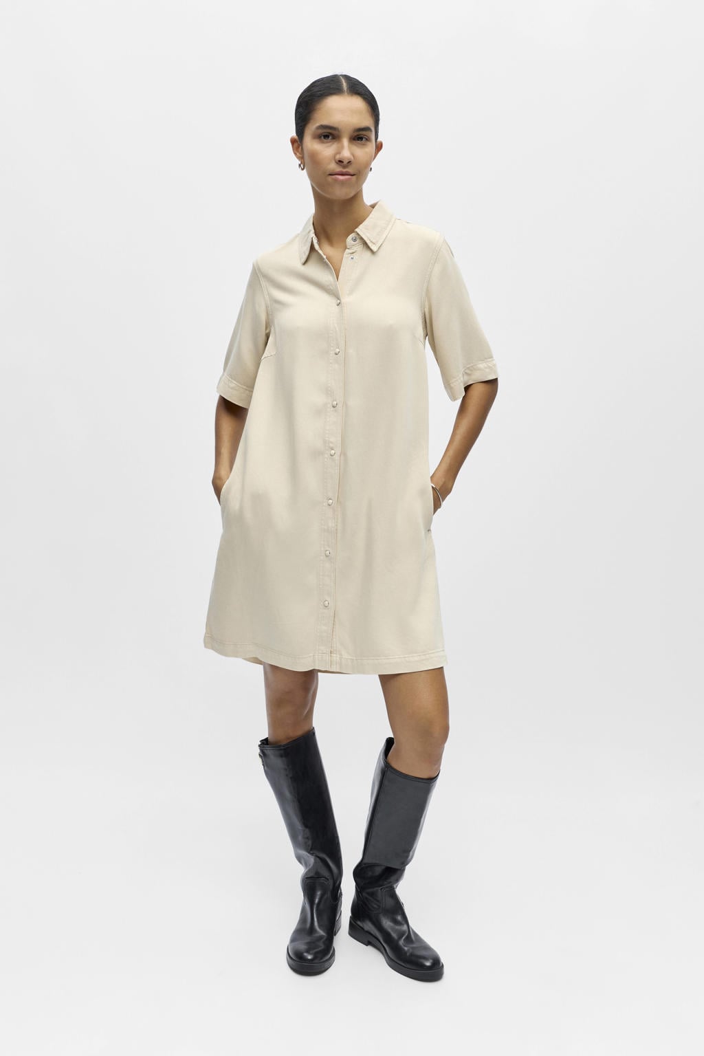 Ecru dames OBJECT blousejurk van denim met effen, half lange mouwen, klassieke kraag en knoopsluiting