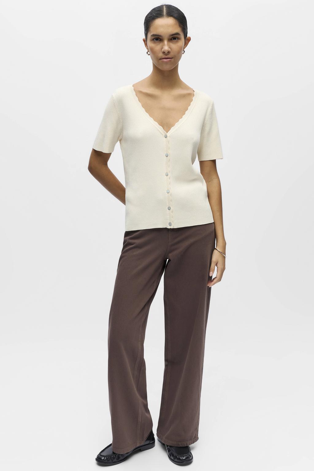 Beige dames OBJECT top rib gebreid van viscose met effen, korte mouwen en V-hals