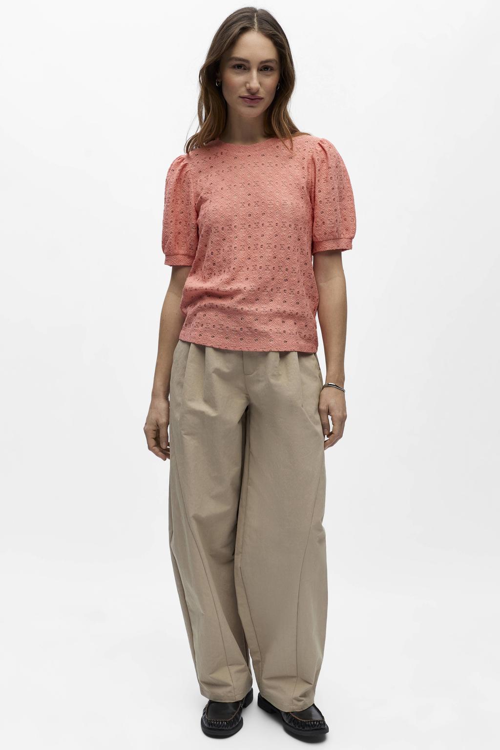 Oudroze dames OBJECT top gebreid van polyester met effen, korte mouwen en ronde hals