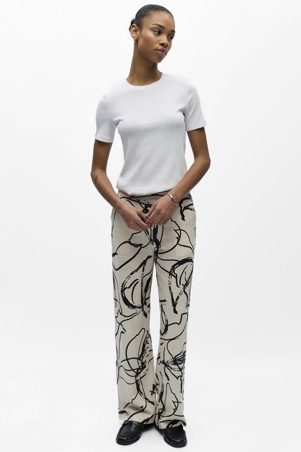 Zand en zwarte dames OBJECT straight regular waist gestreepte casual broek van viscose met elastische tailleband