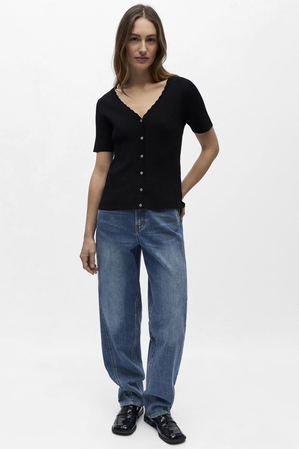 Zwarte dames OBJECT top rib gebreid van viscose met effen, korte mouwen en V-hals