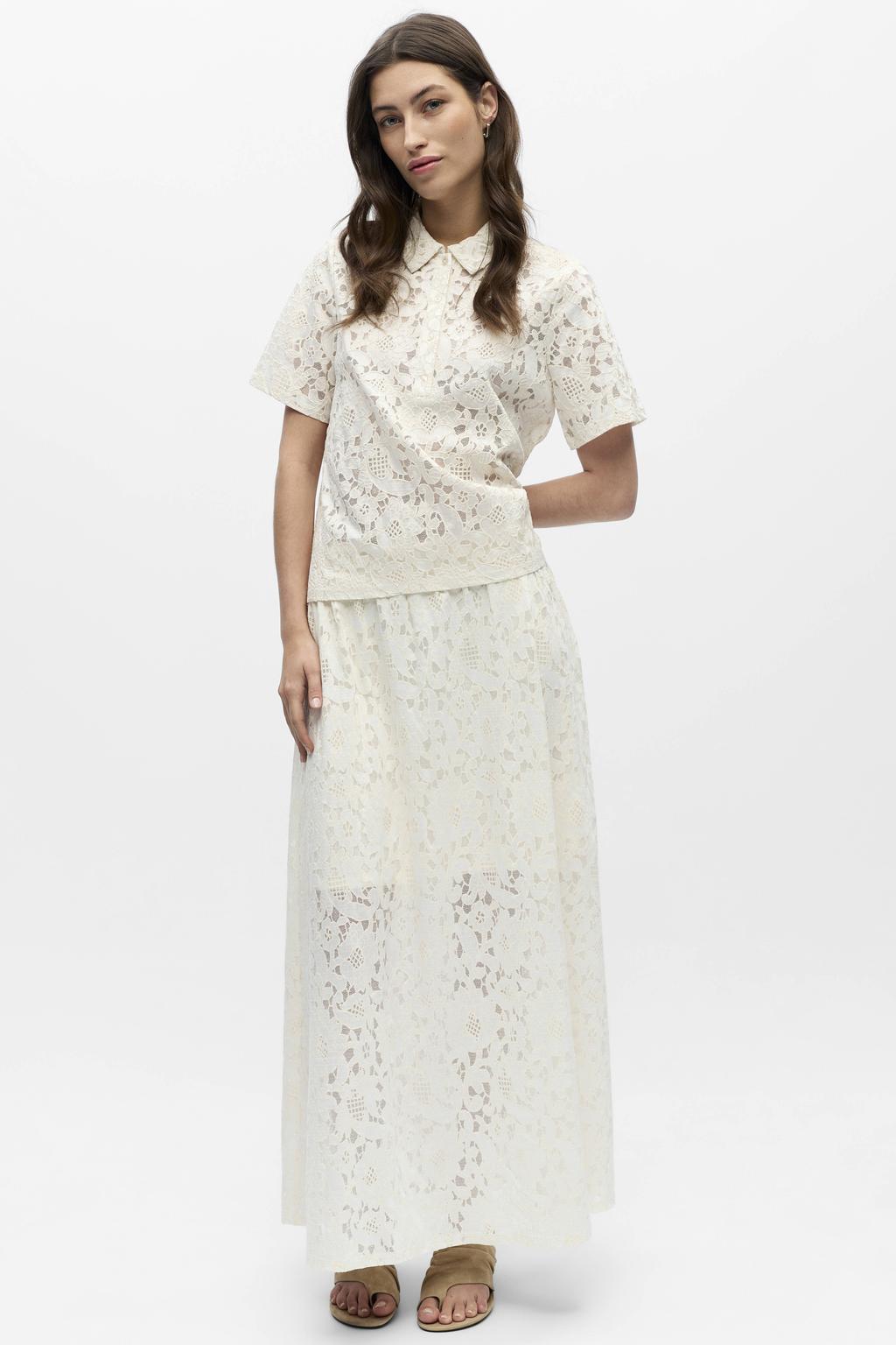 Ecru dames OBJECT top van viscose met effen, korte mouwen, polo kraag en jacquard