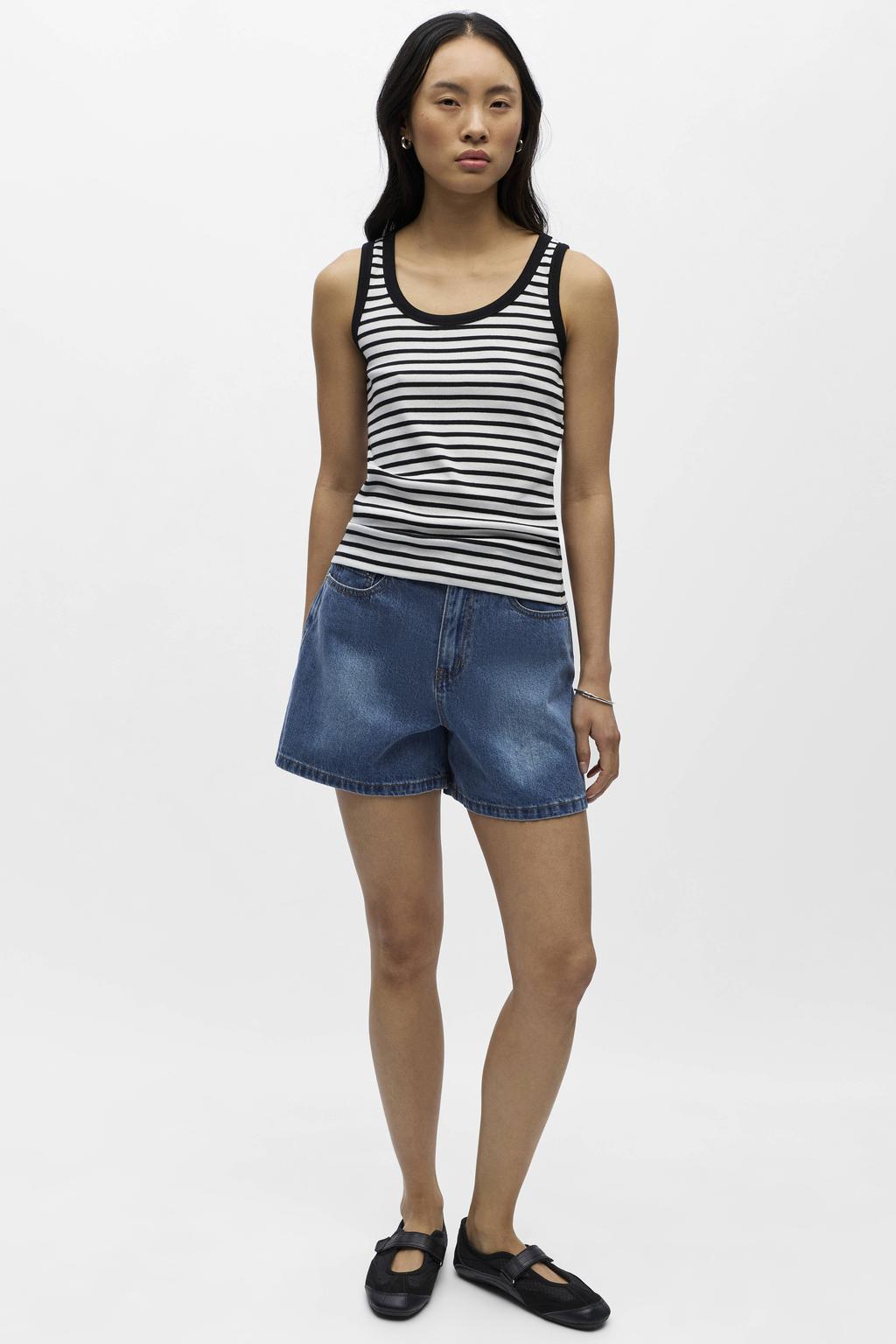 Zwart en witte dames OBJECT gestreepte singlet van katoen met ronde hals