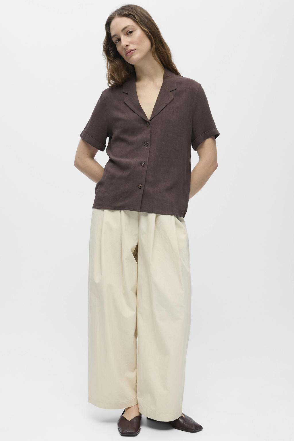 Donkerblauwe dames OBJECT blouse van linnen met effen, korte mouwen, reverskraag en knoopsluiting