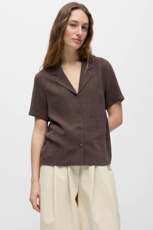 blouse met linnen donkerbruin