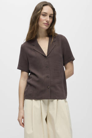 blouse met linnen donkerbruin