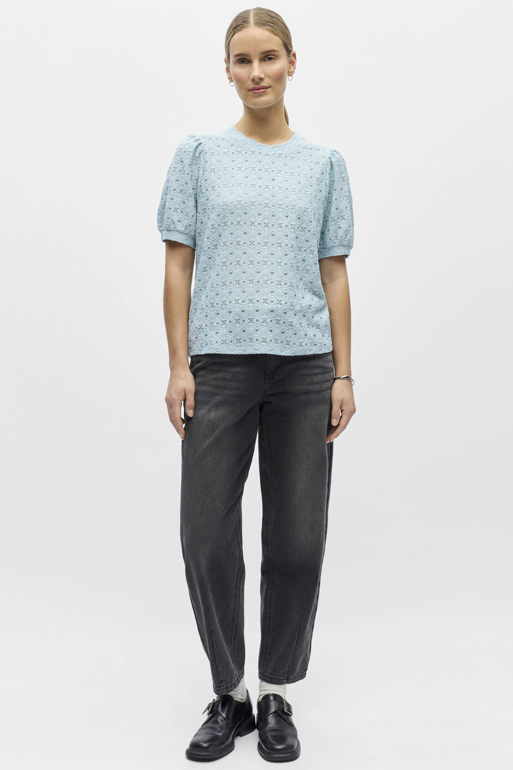 Lichtblauwe dames OBJECT top gebreid lchtblauw van polyester met effen, korte mouwen en ronde hals