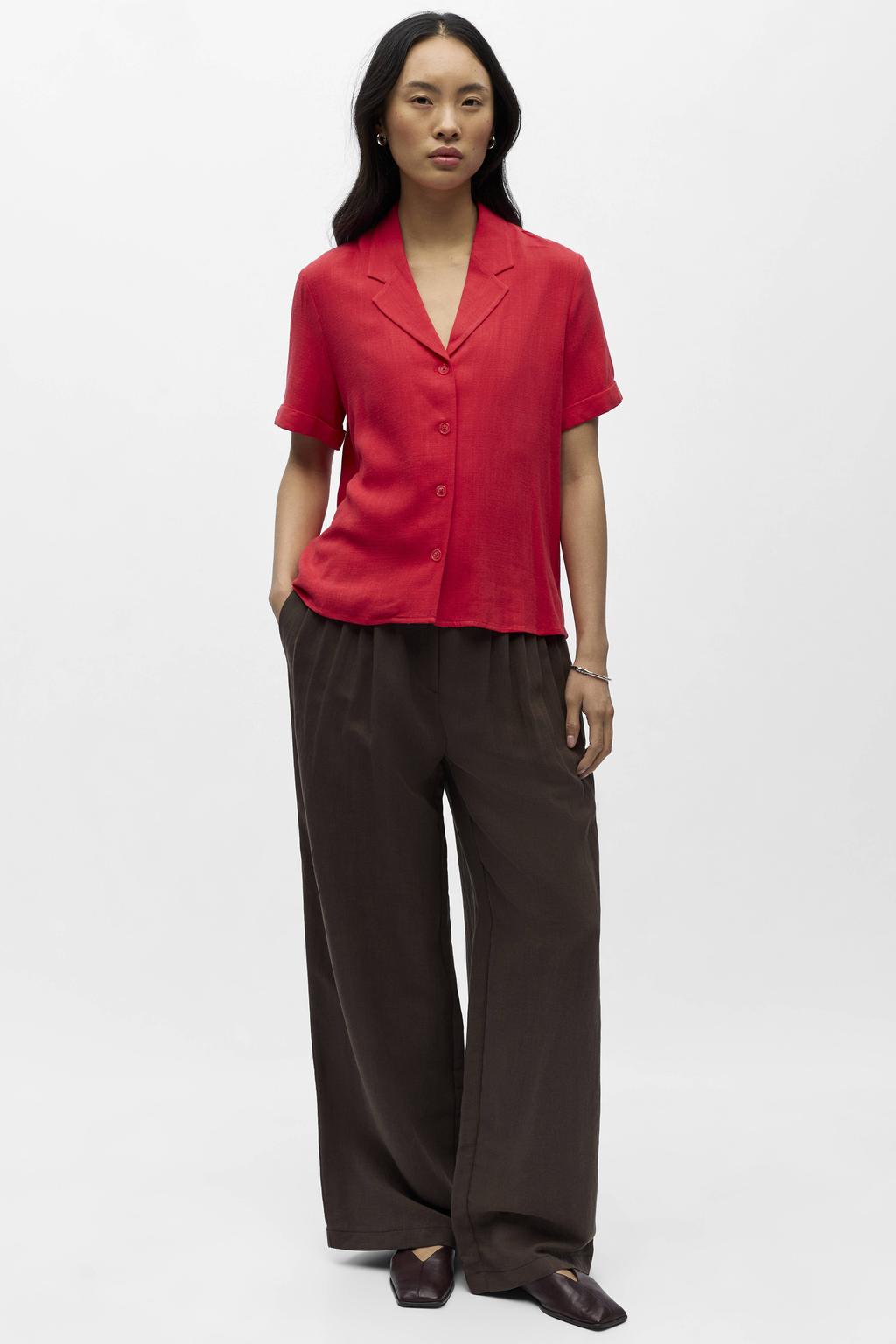 Rode dames OBJECT blouse van linnen met effen, korte mouwen, reverskraag en knoopsluiting