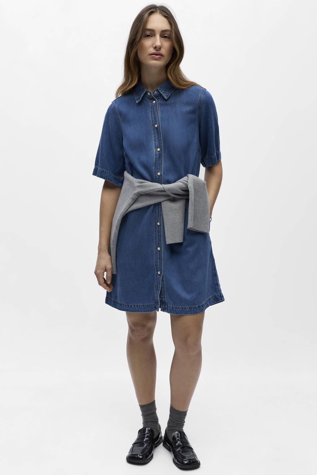 Medium blue denim dames OBJECT blousejurk van denim met effen, half lange mouwen, klassieke kraag en knoopsluiting