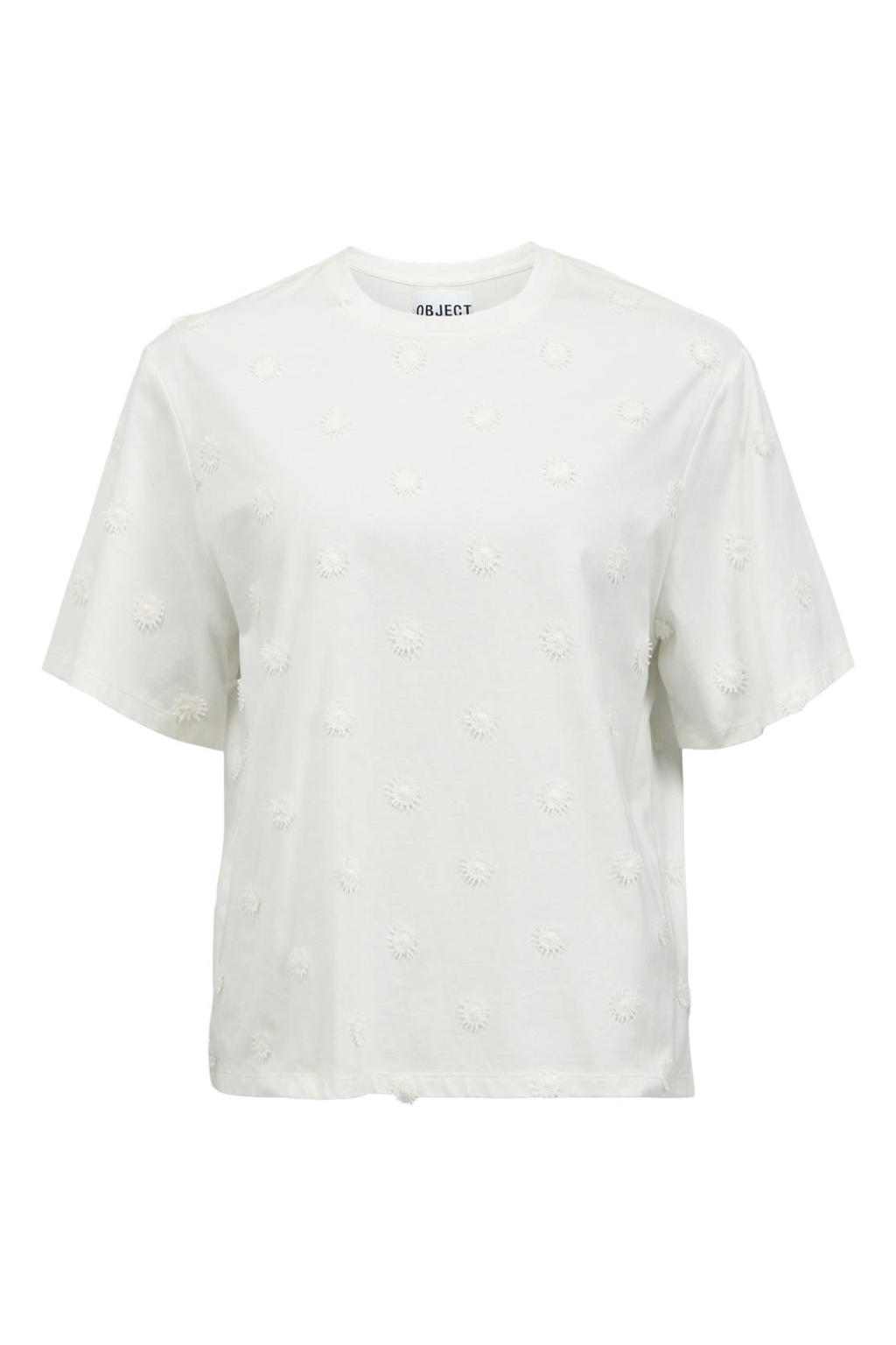 Witte dames OBJECT T-shirt van katoen met korte mouwen, ronde hals en borduursels