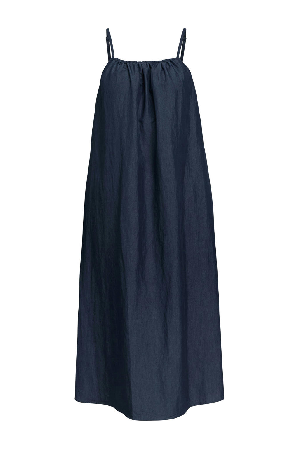 Marineblauw dames OBJECT maxi jurk blauw van polyester met effen, spaghettibandjes en ronde hals