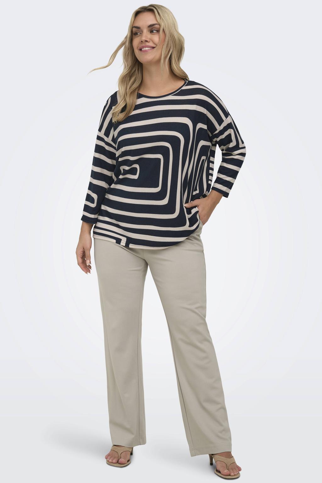 Zwarte dames ONLY CARMAKOMA top van polyester met dierenprint, driekwart mouwen, ronde hals en geweven detail
