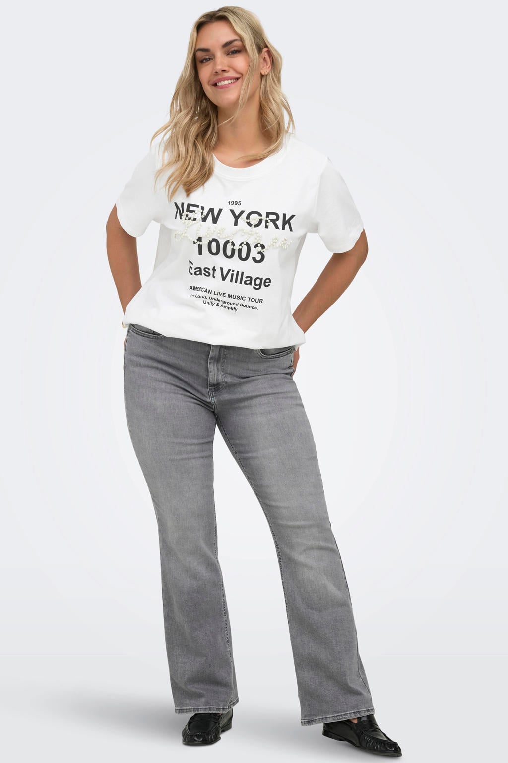 Witte dames ONLY CARMAKOMA T-shirt van katoen met printopdruk, korte mouwen en ronde hals