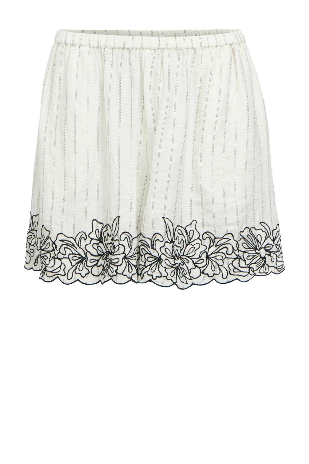 Ecru en zwarte dames OBJECT regular waist gestreepte casual short van katoen met loose fit en elastische tailleband
