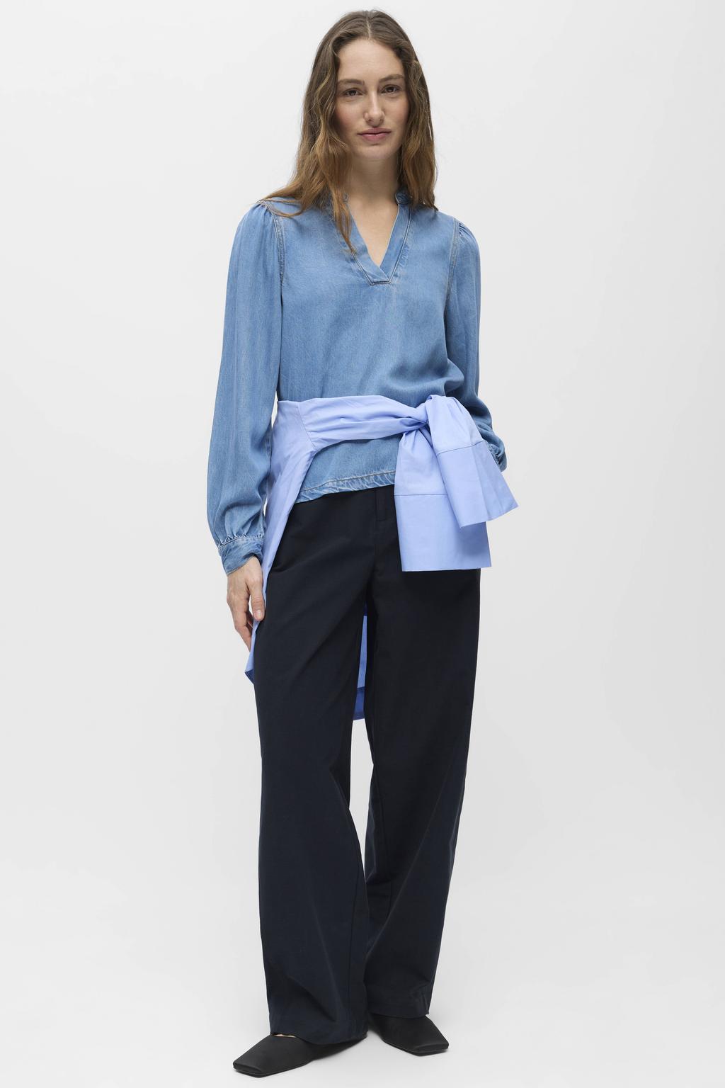 Light blue denim dames OBJECT top van denim met effen, lange mouwen en V-hals