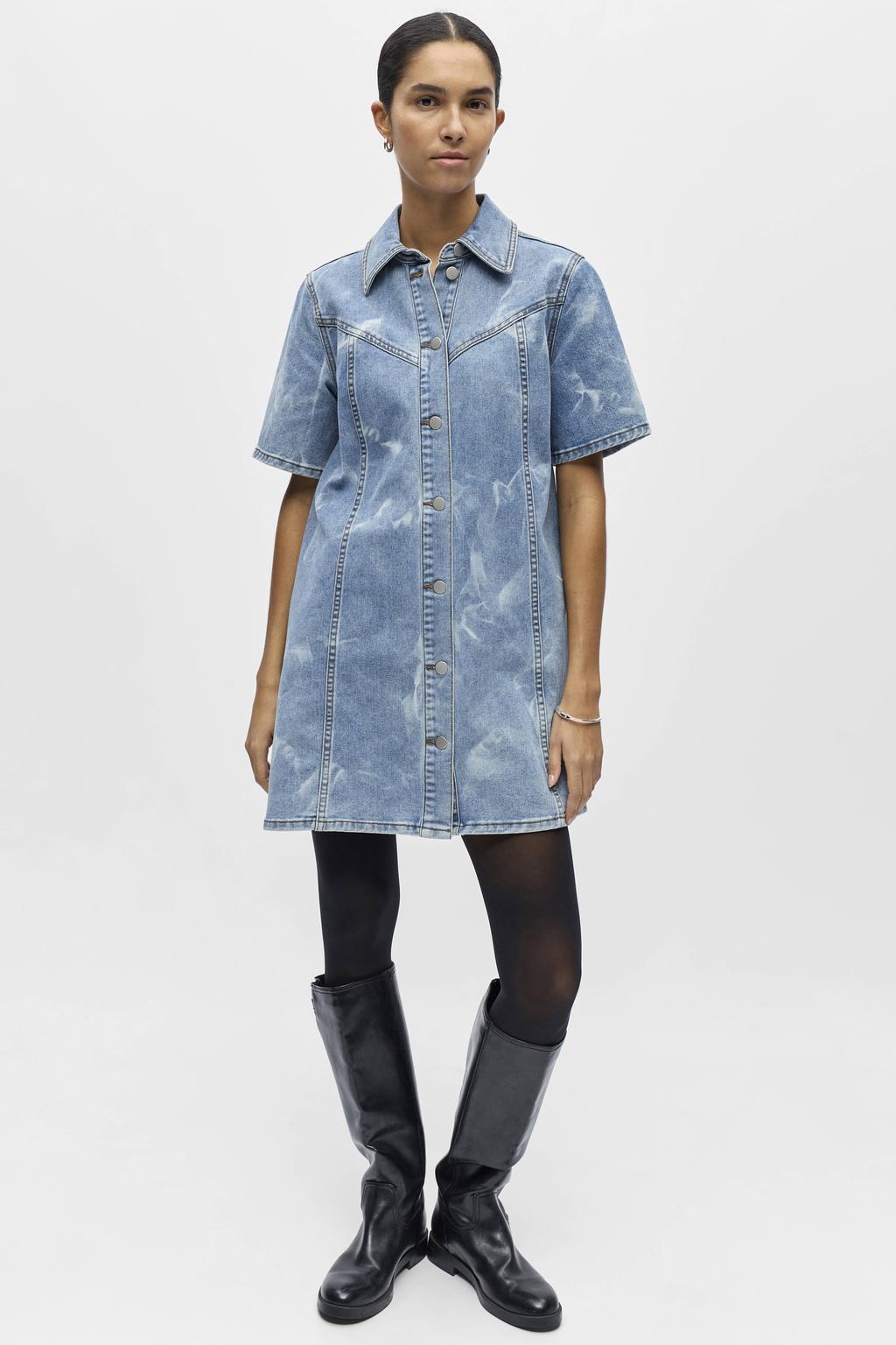 Light blue denim dames OBJECT mini jurk van denim met korte mouwen, button down sluiting en knoopsluiting