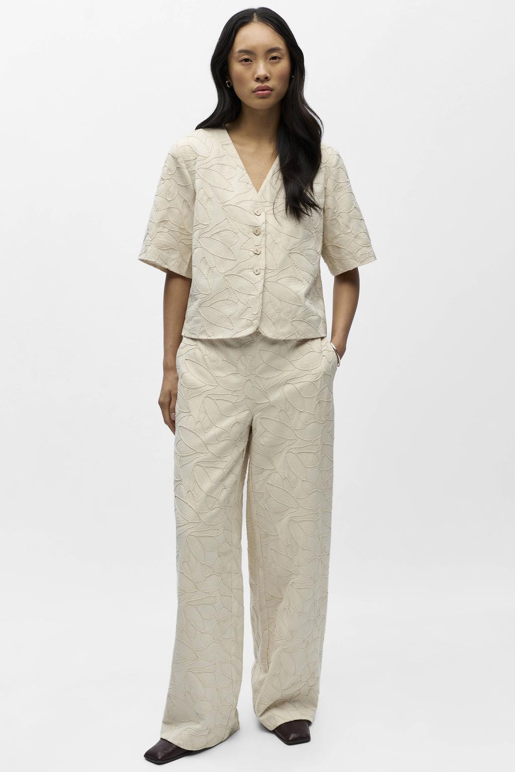 Zandkleurige dames OBJECT straight regular waist gebloemde casual broek van polyester met elastische tailleband
