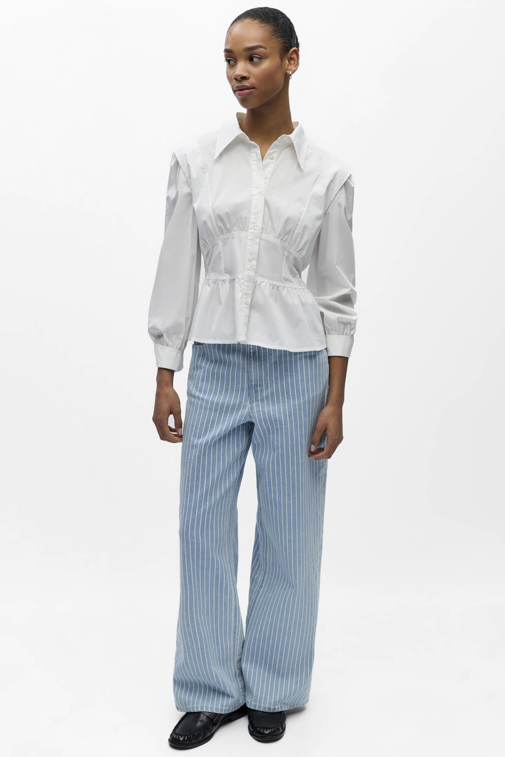 Light blue en witte dames OBJECT Objsanni high waist wide leg jeans van denim met rits- en knoopsluiting en krijtstreepprint
