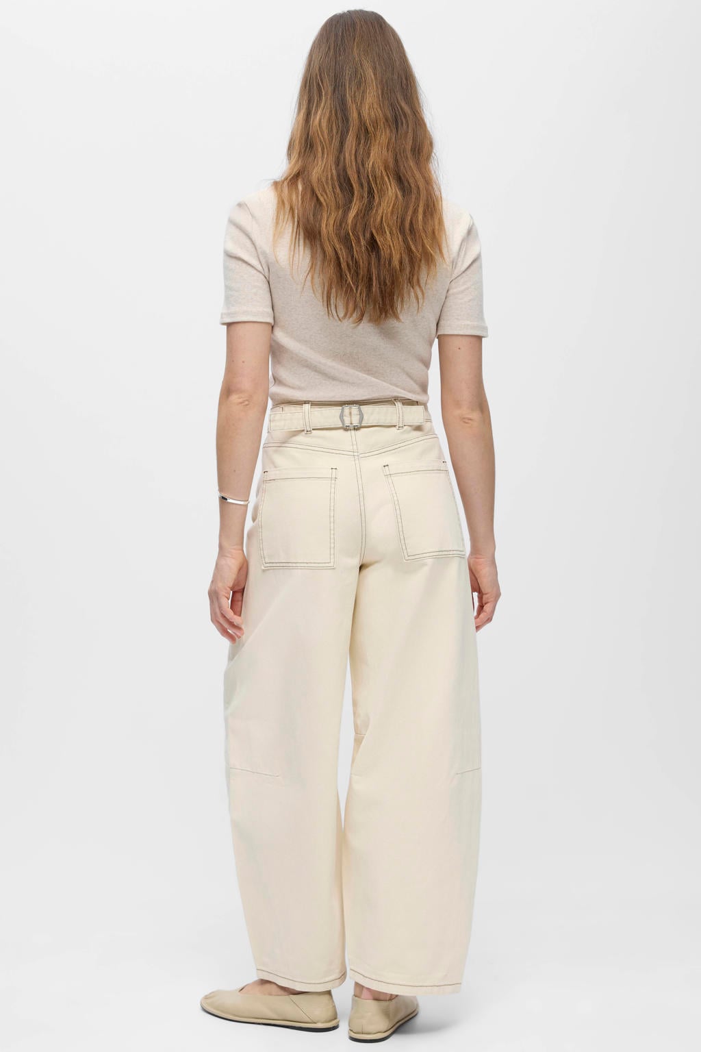 Beige dames OBJECT high waist cropped jeans van denim met rits- en knoopsluiting en effen