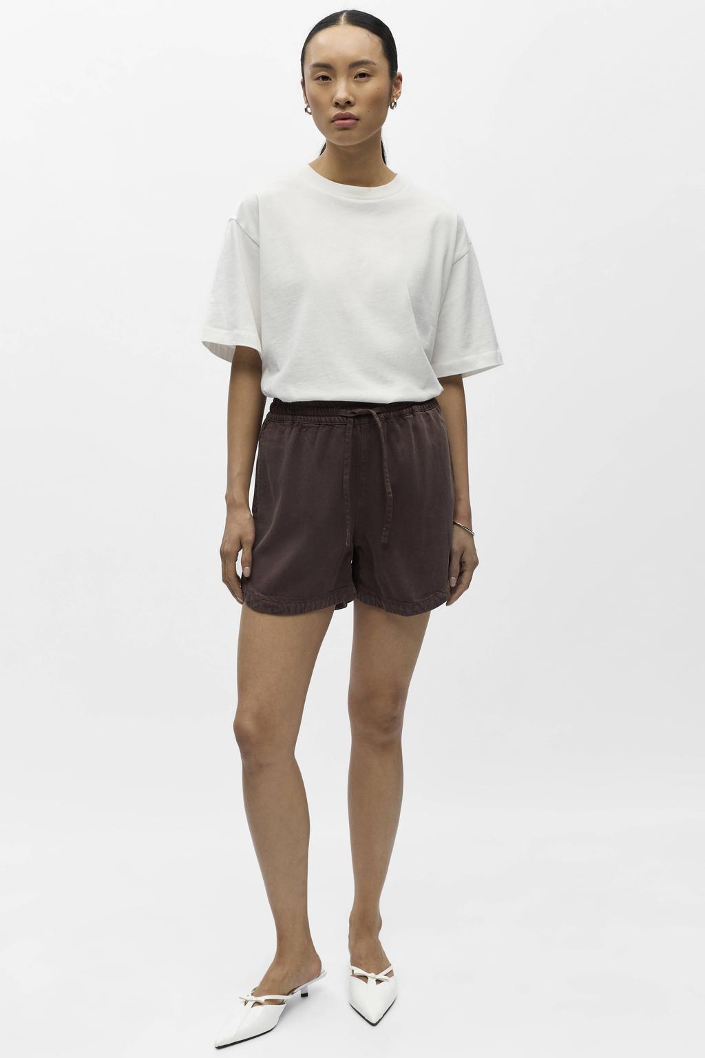 Donkerblauwe dames OBJECT straight regular waist short van denim met elastische tailleband met koord en effen