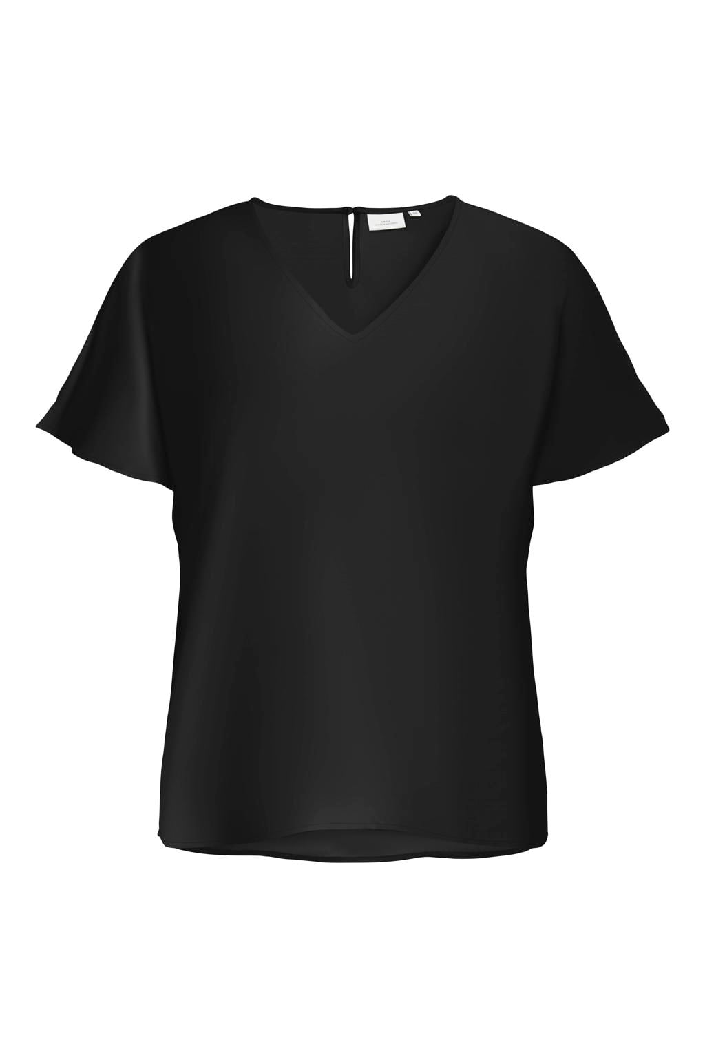 Blauwe dames ONLY CARMAKOMA top van polyester met effen, korte mouwen, V-hals en geweven detail
