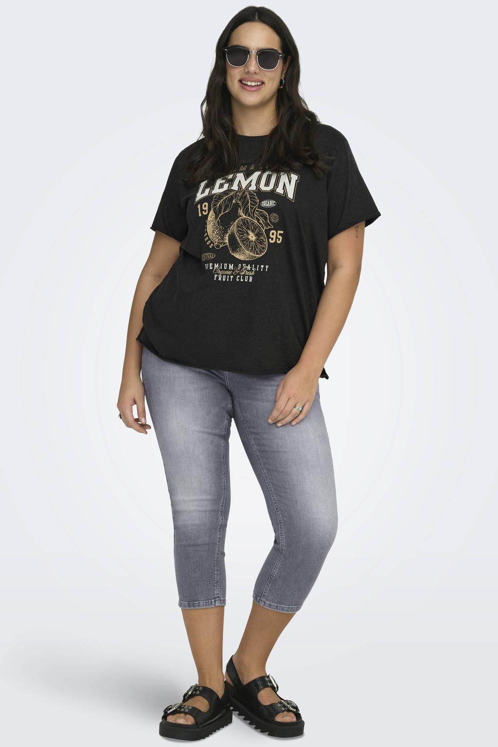 Antraciete dames ONLY CARMAKOMA T-shirt van katoen met printopdruk, korte mouwen en ronde hals