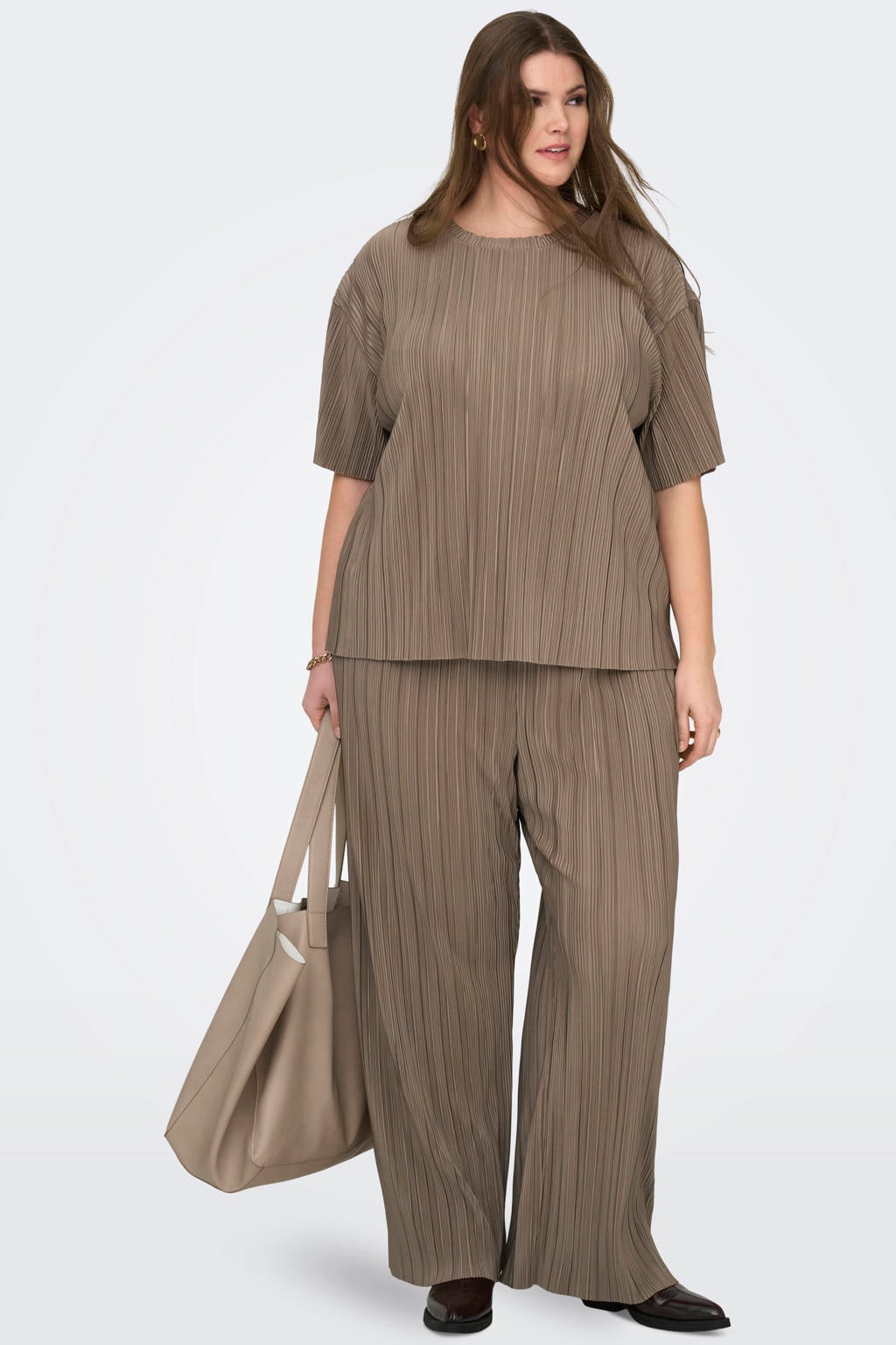 Bruine dames ONLY CARMAKOMA wide leg regular waist casual broek met effen