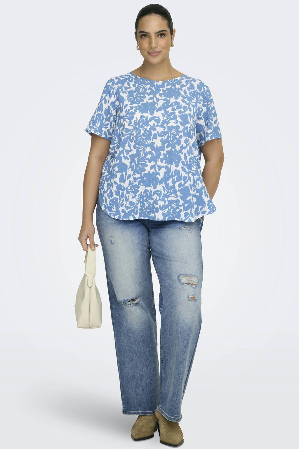 Blauw en ecru dames ONLY CARMAKOMA top van polyester met bloemenprint, korte mouwen, ronde hals en geweven detail