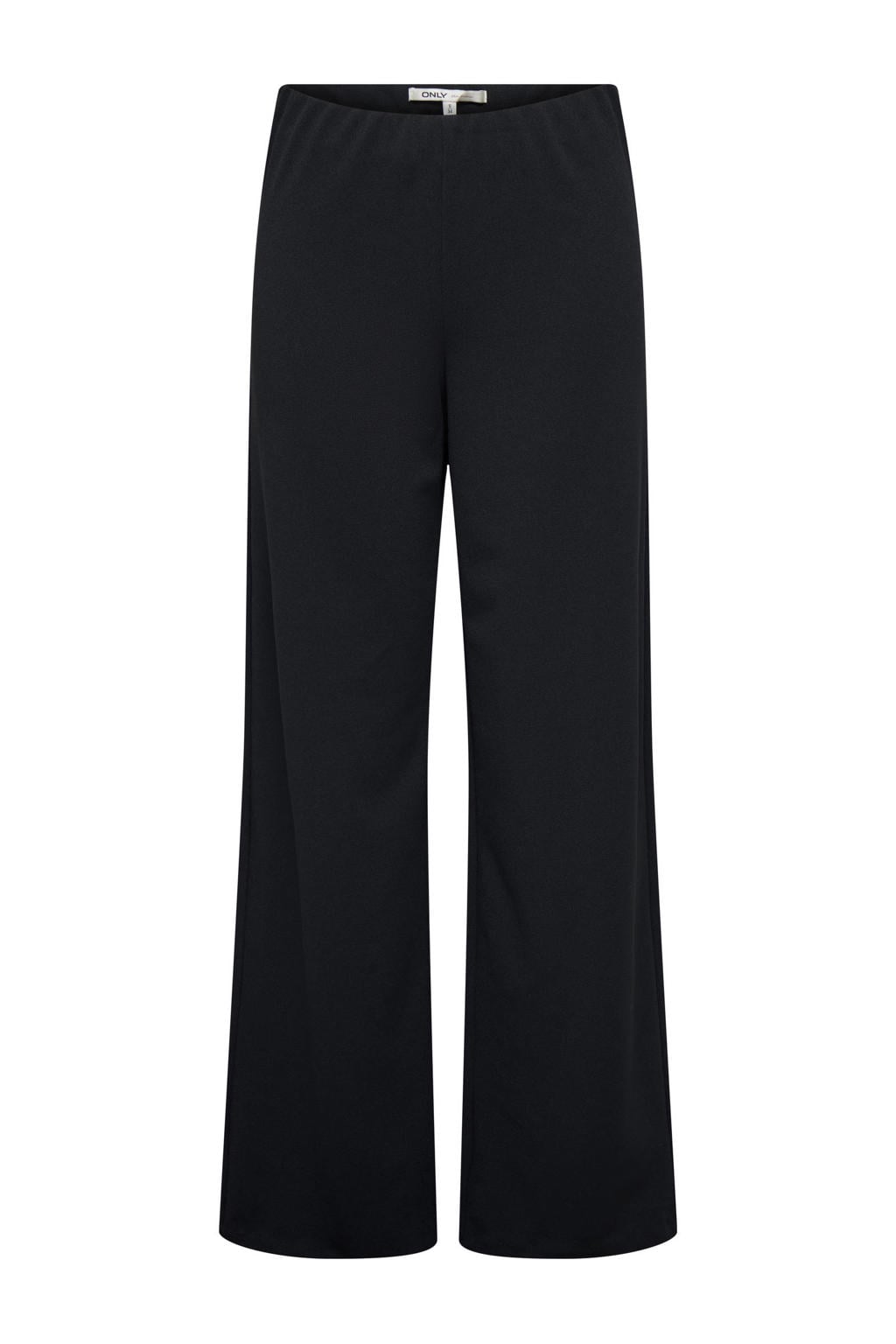 Zwarte dames ONLY CARMAKOMA wide leg regular waist casual broek met knoopsluiting en effen