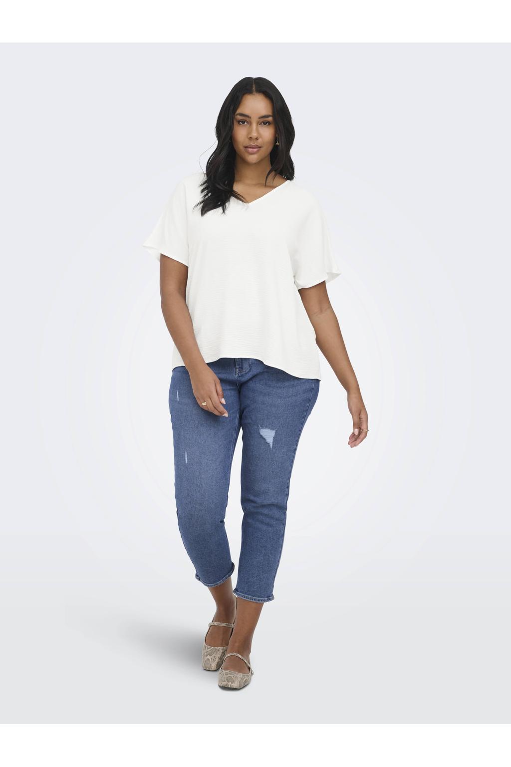 Witte dames ONLY CARMAKOMA top van polyester met effen, korte mouwen, V-hals en geweven detail