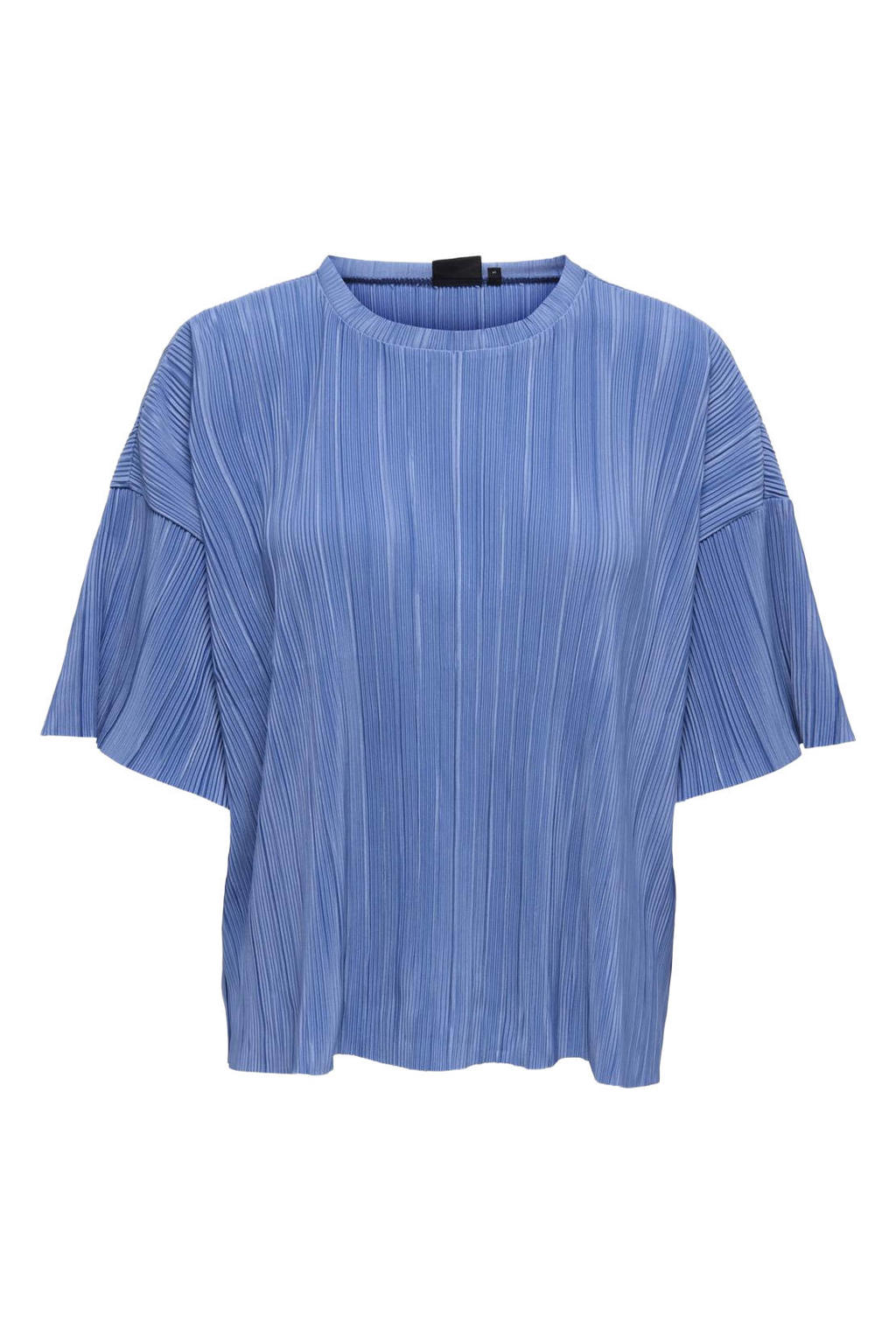 Blauwe dames ONLY CARMAKOMA top van polyester met effen, korte mouwen, ronde hals en plissé details