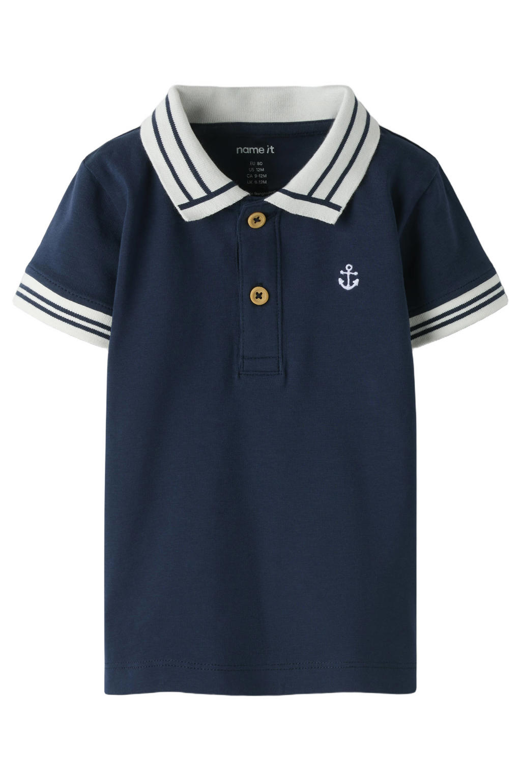 Donkerblauw en witte jongens NAME IT BABY polo gebreid van stretchkatoen met meerkleurige print, korte mouwen en knoopsluiting