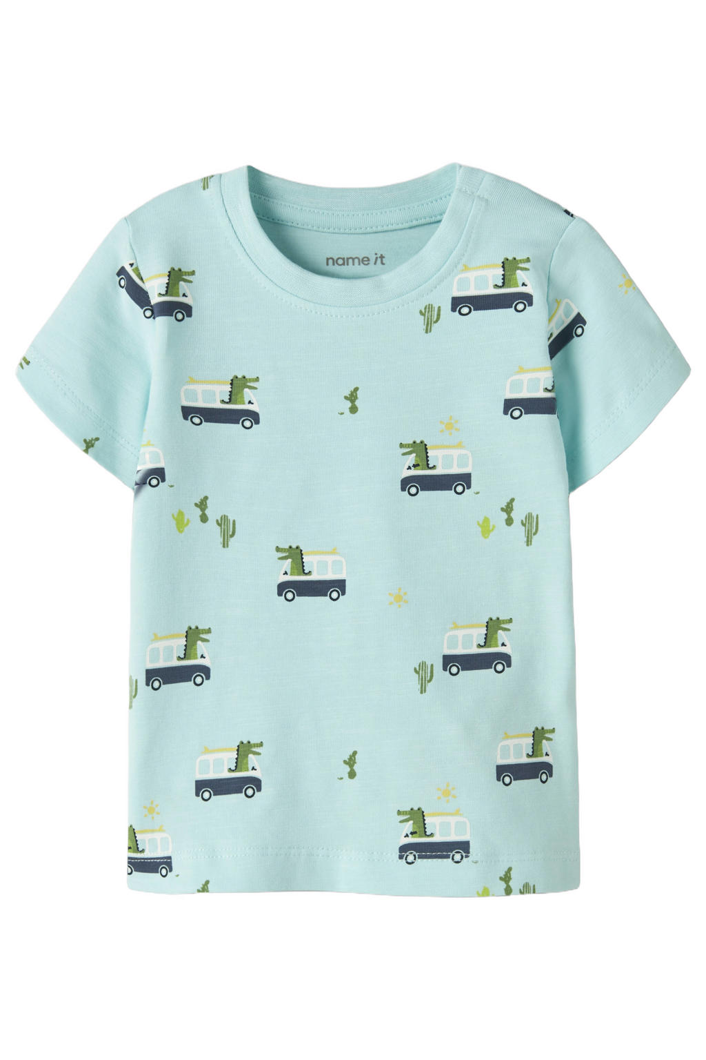 Blauwe jongens NAME IT BABY T-shirt van stretchkatoen met korte mouwen, ronde hals en drukknoopsluiting