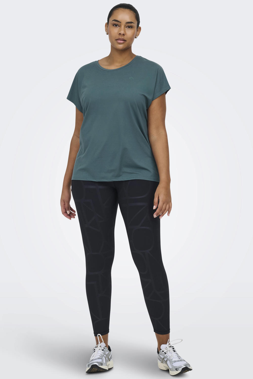 Petrolkleurige dames ONLY PLAY CURVY Plus Size sportshirt van polyester met effen en korte mouwen