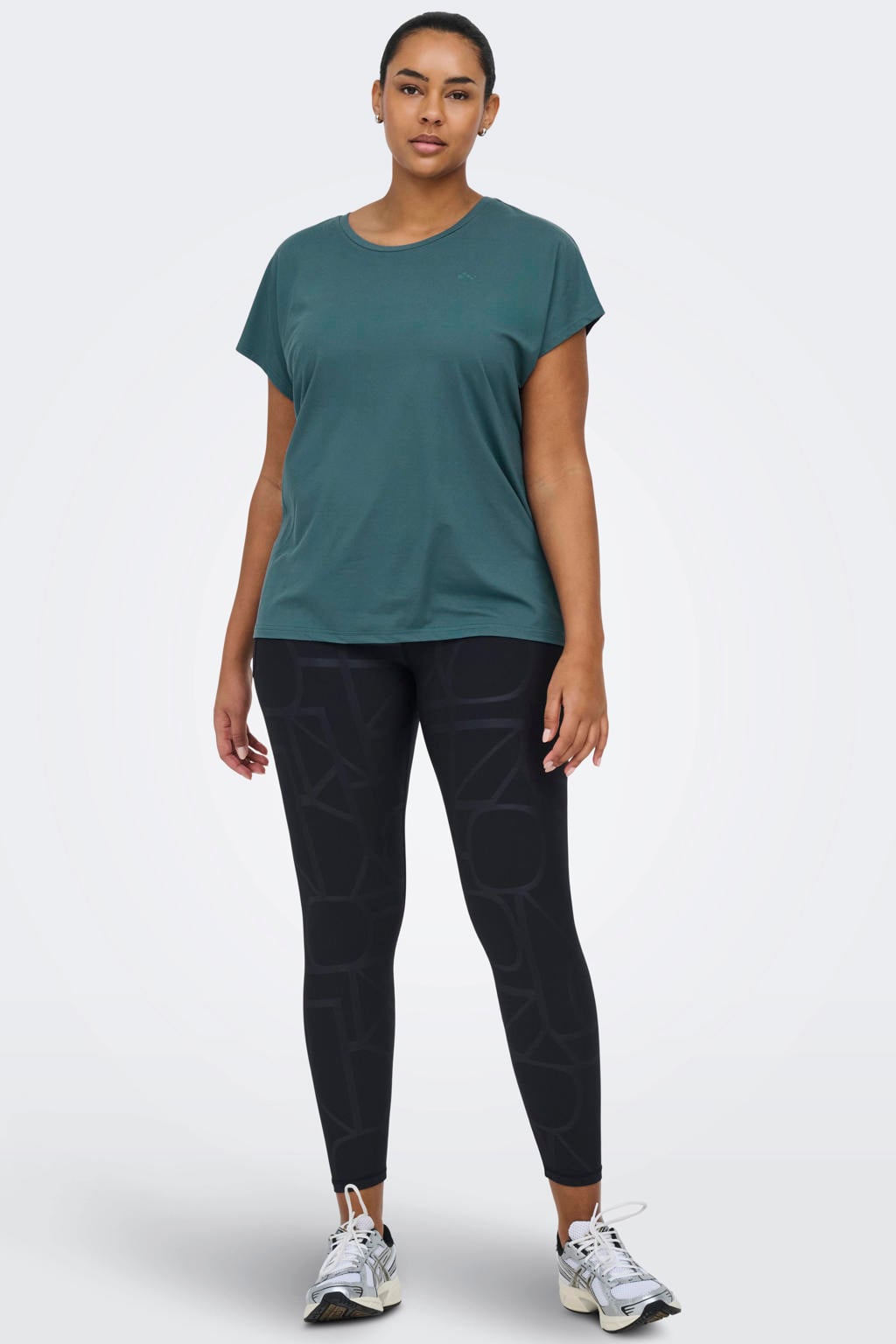 Petrolkleurige dames ONLY PLAY CURVY Plus Size sportshirt van polyester met effen en korte mouwen