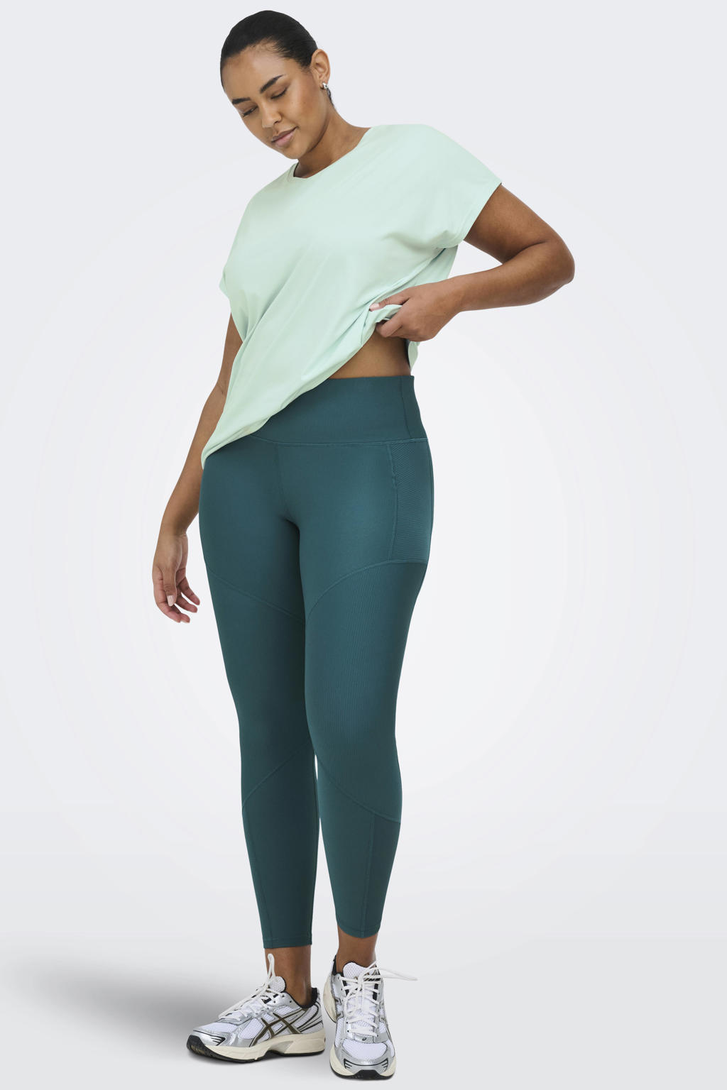 Petrolkleurige dames ONLY PLAY CURVY Plus Size sportlegging van nylon met slim fit, regular waist en effen
