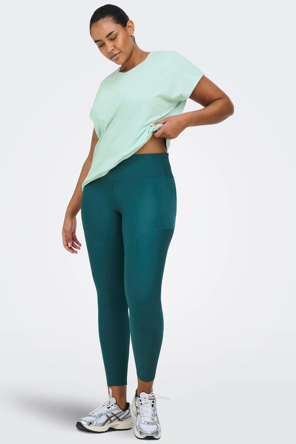 Petrolkleurige dames ONLY PLAY CURVY Plus Size sportlegging van nylon met slim fit, regular waist en effen