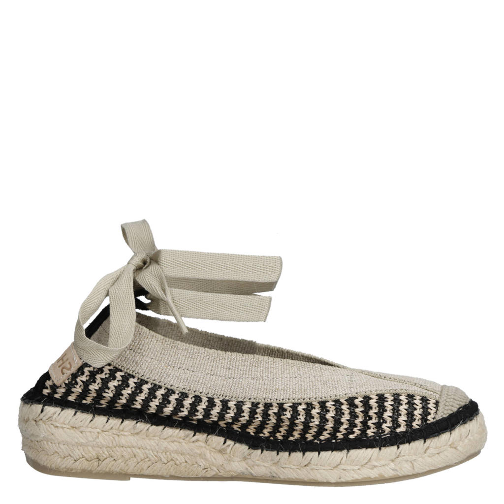 Zwart en beige dames Shabbies Amsterdam PALMA Kimono leren espadrilles van textiel met striksluiting
