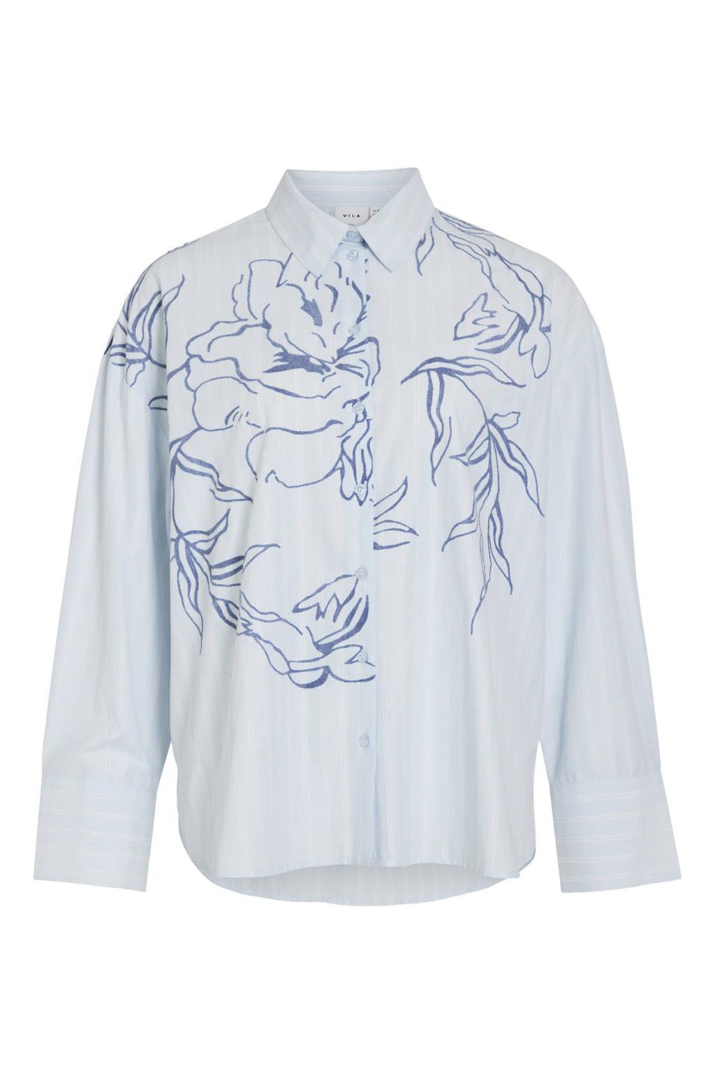Lichtblauw en zwarte dames VILA blouse van polyester met lange mouwen, klassieke kraag en knoopsluiting