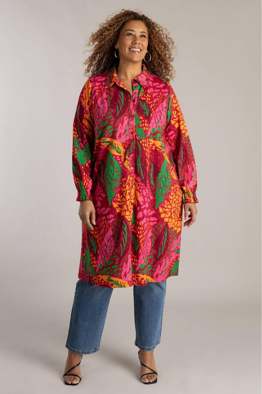 Rood, groen en oranje dames Colletta tuniek van viscose met lange mouwen, klassieke kraag en knoopsluiting