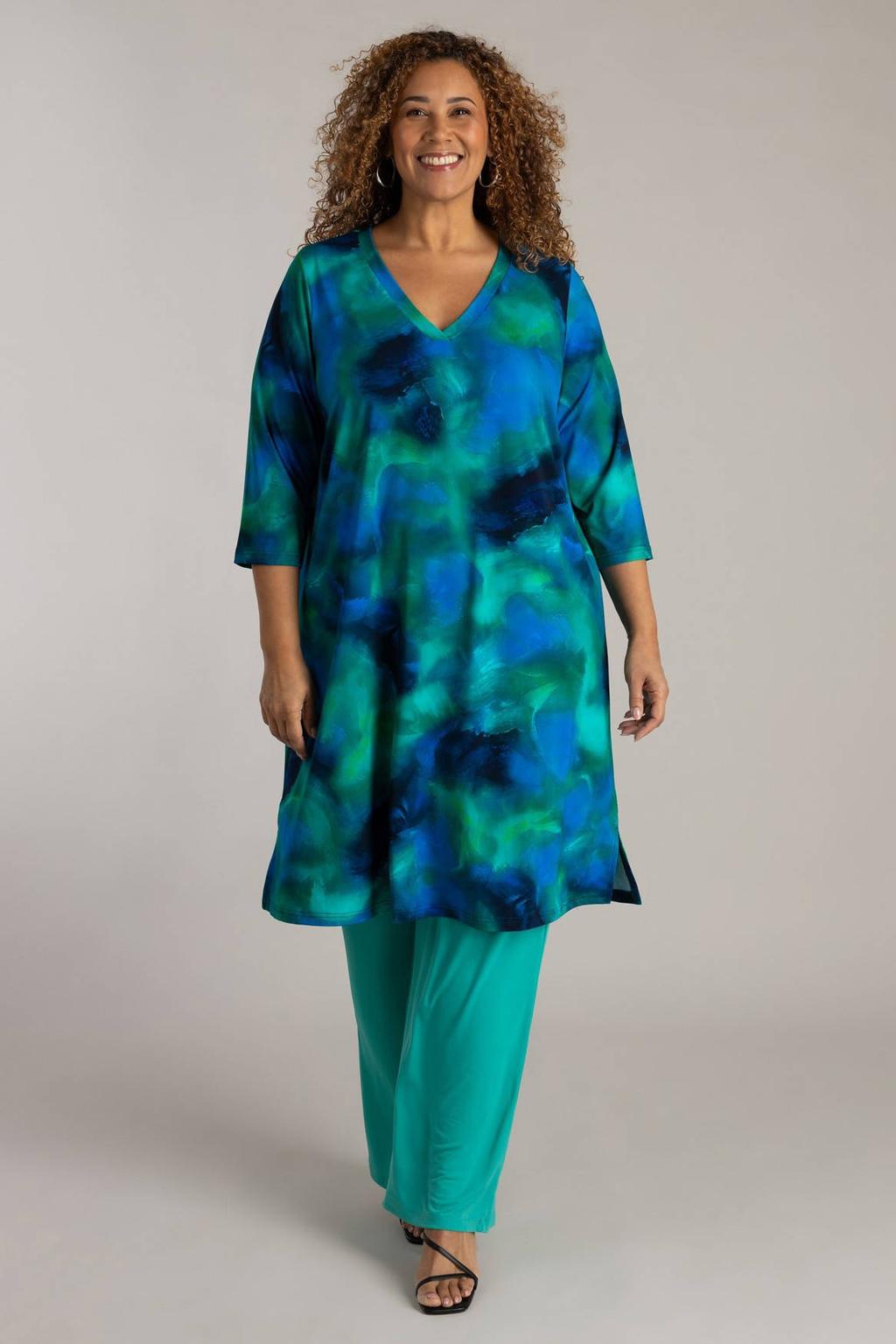 Blauw en groene dames Colletta A-lijn jurk van polyester met driekwart mouwen en V-hals