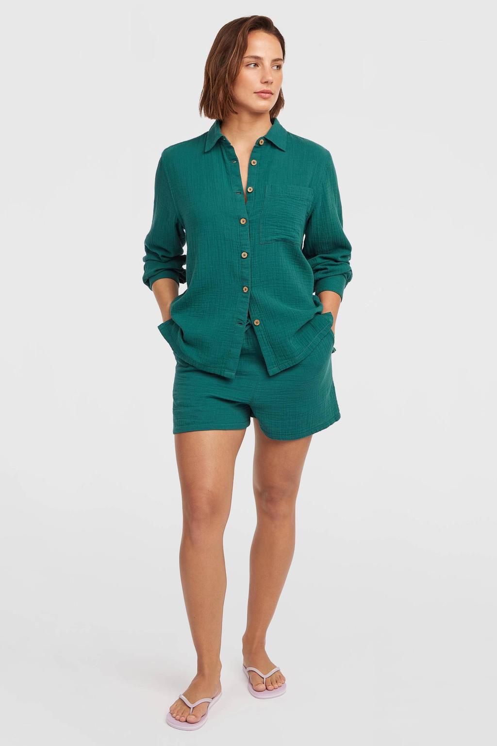 Petrolkleurige dames O'Neill blouse van katoen met effen, lange mouwen, klassieke kraag en knoopsluiting