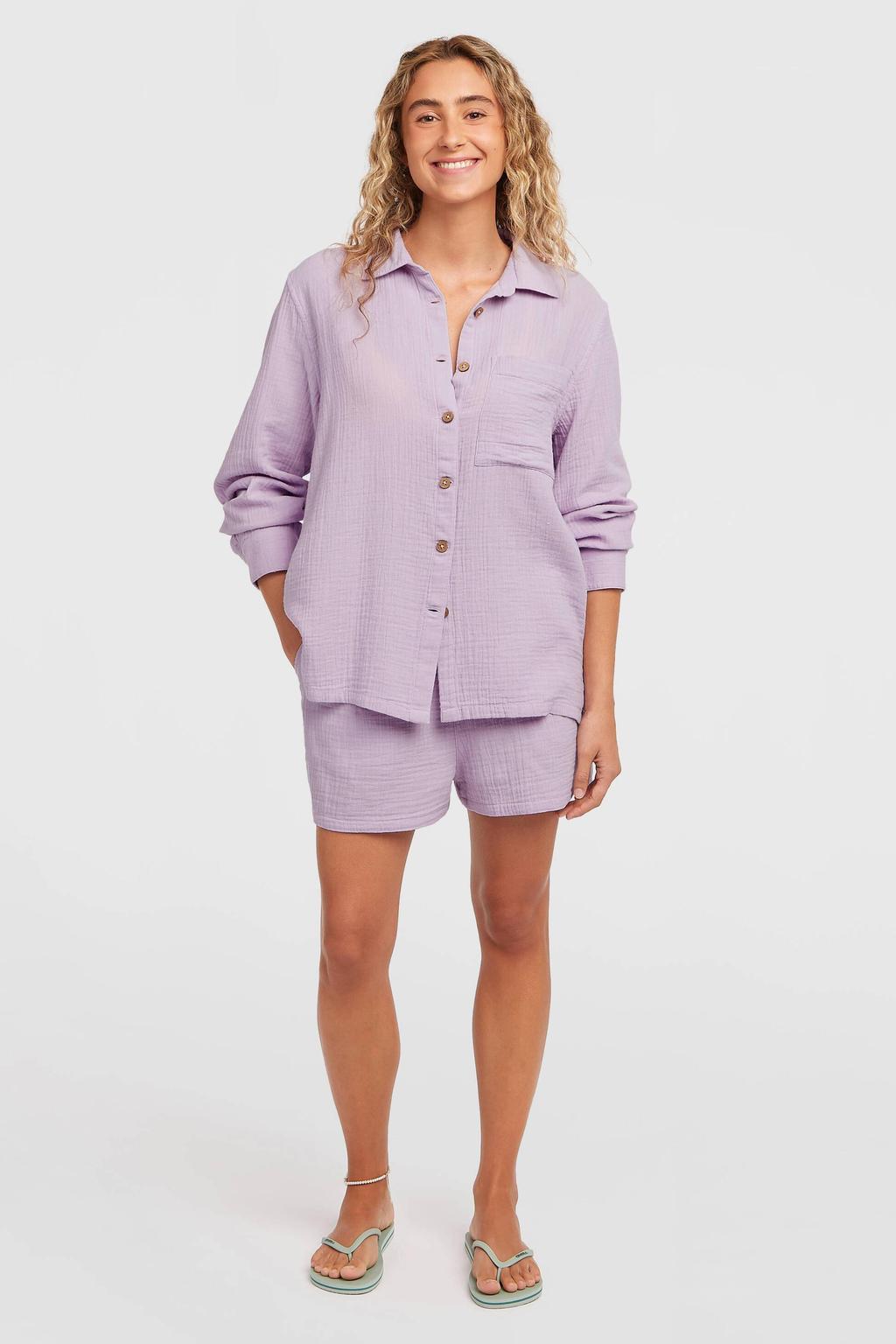 Lilakleurige dames O'Neill blouse van katoen met effen, lange mouwen, klassieke kraag en knoopsluiting