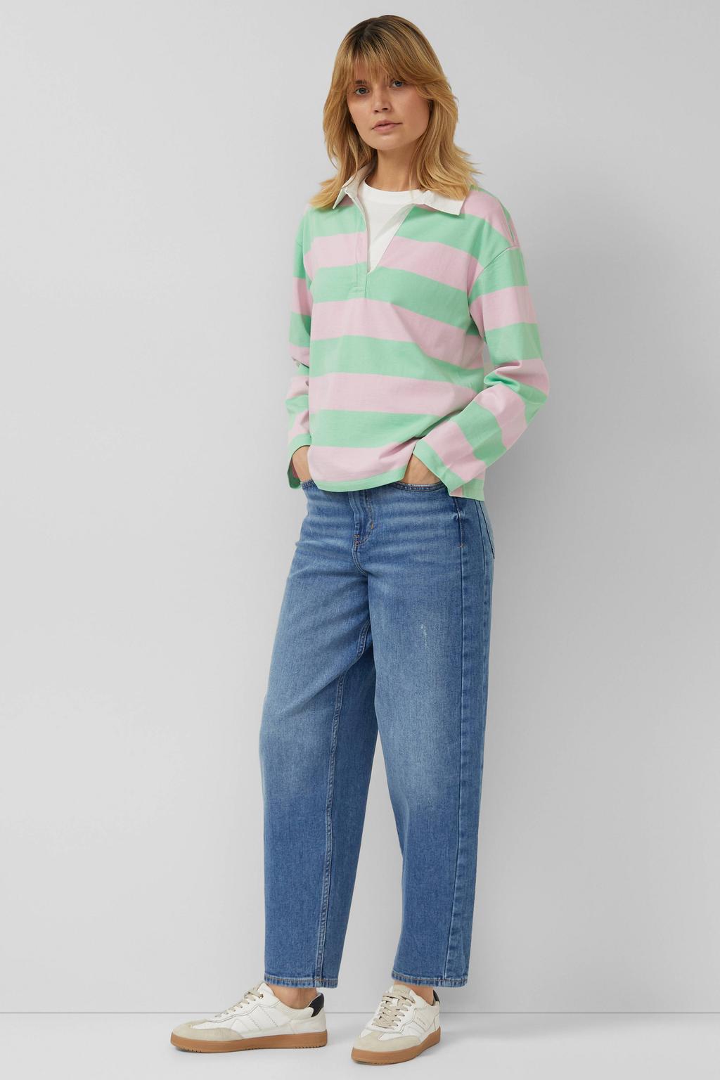 Roze en groene dames s.Oliver gestreepte sweater van katoen met lange mouwen, polo kraag en knoopsluiting