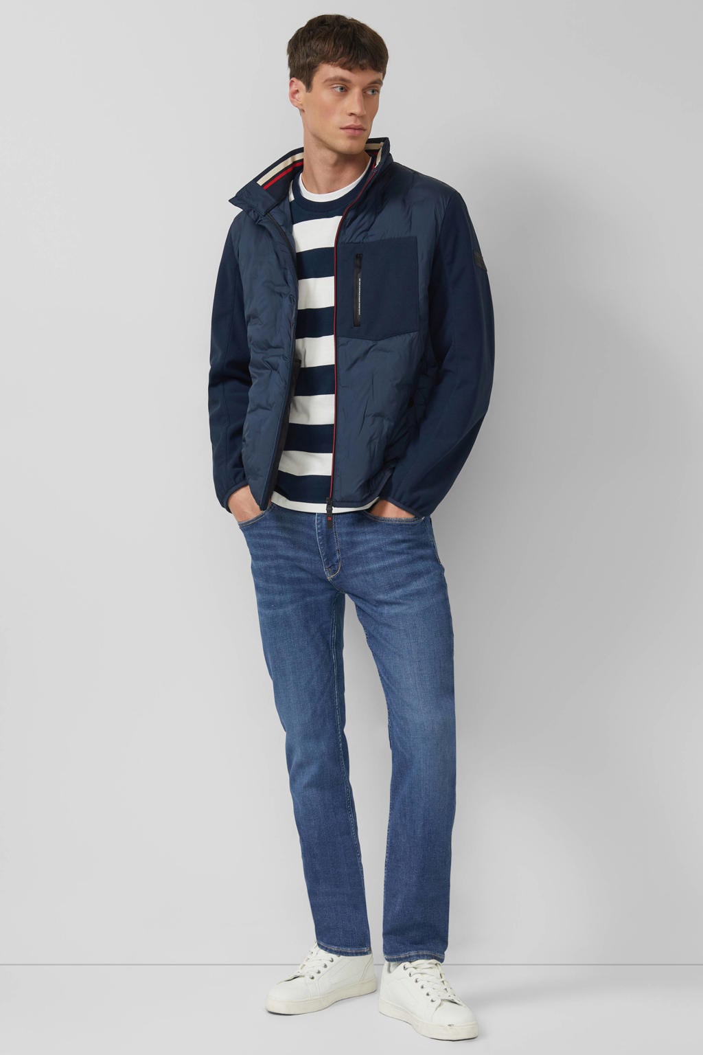 Donkerblauwe heren s.Oliver winterjas van polyester met effen, lange mouwen, opstaande kraag en ritssluiting