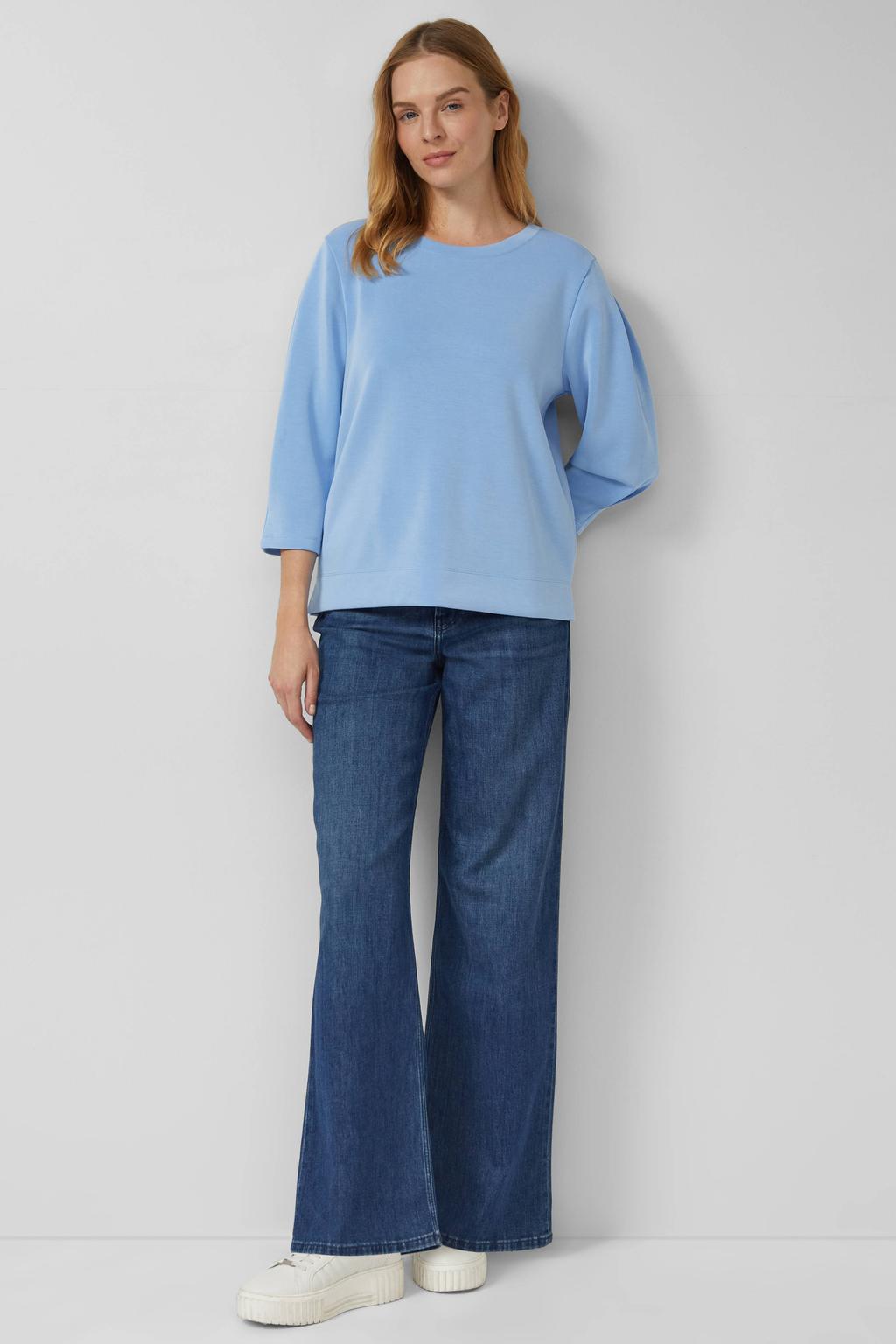 Lichtblauwe dames s.Oliver zachte sweater van modal met effen, driekwart mouwen, ronde hals en plooien