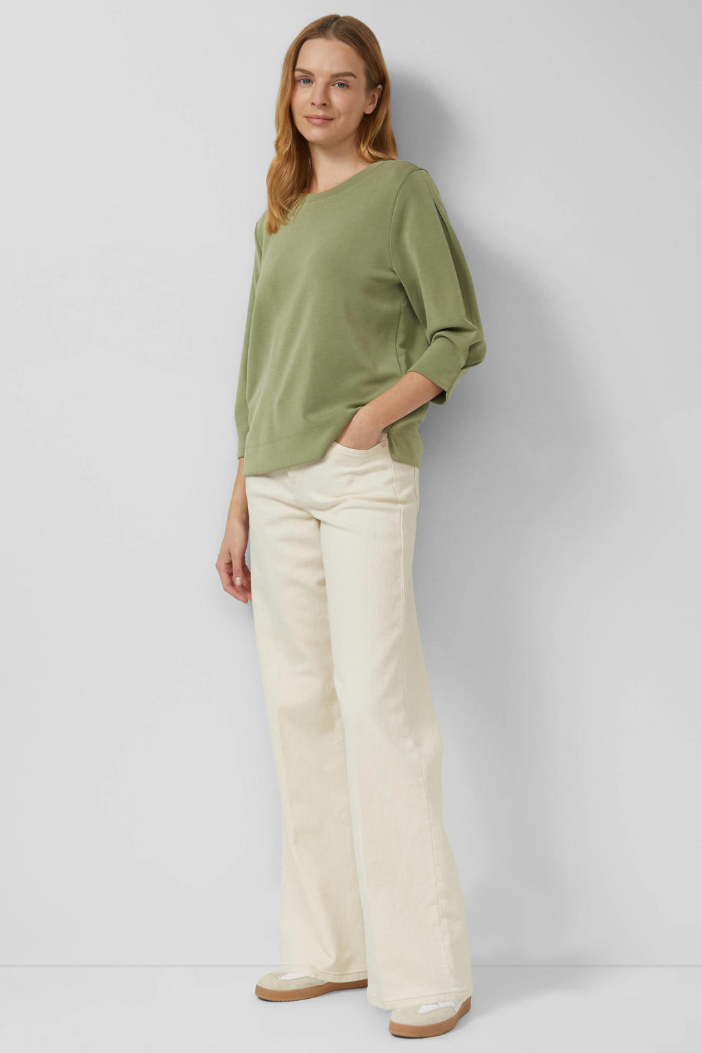 Kakikleurige dames s.Oliver zachte sweater van modal met effen, driekwart mouwen, ronde hals en plooien