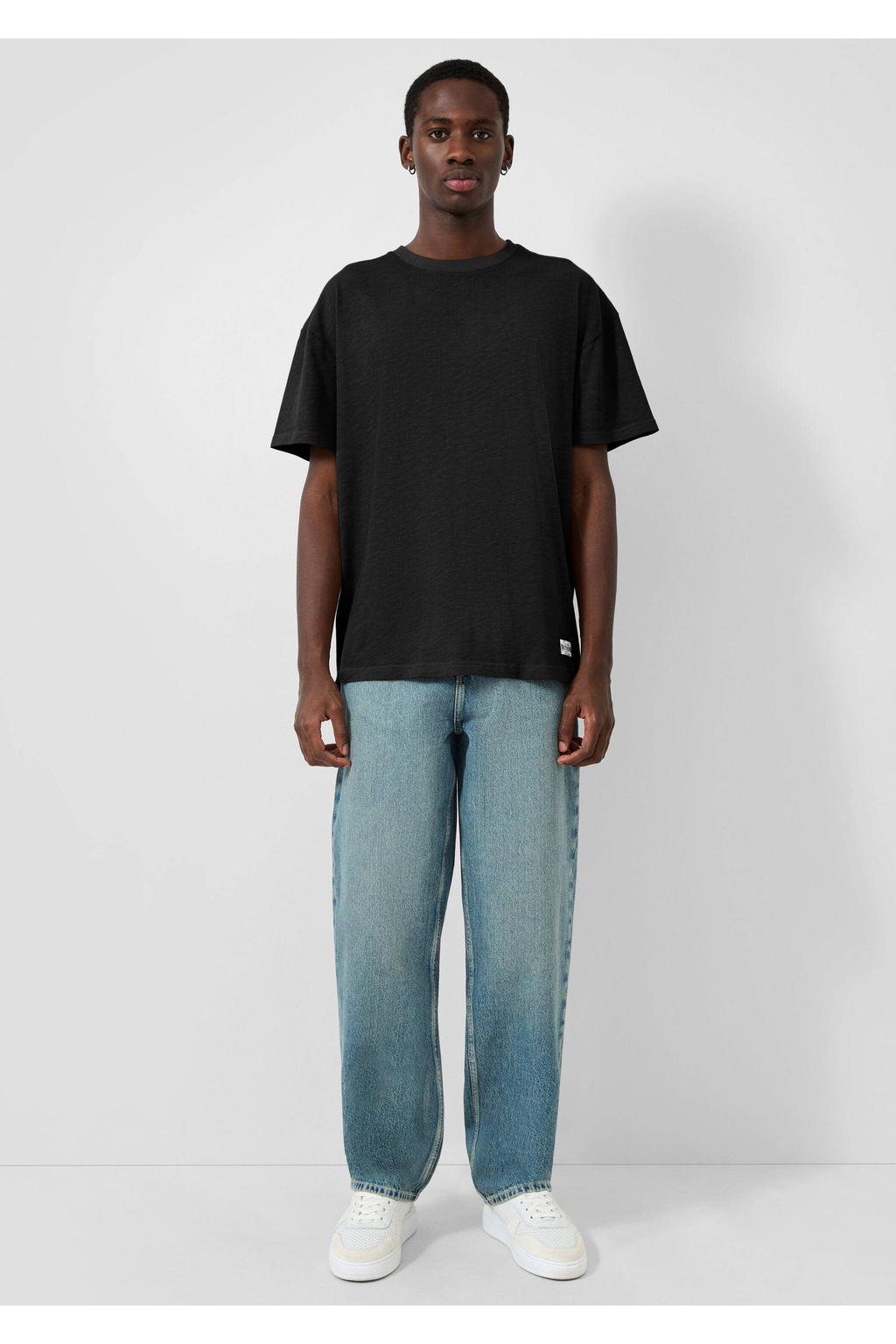 Zwarte heren QS relaxed T-shirt van katoen met effen, korte mouwen en ronde hals
