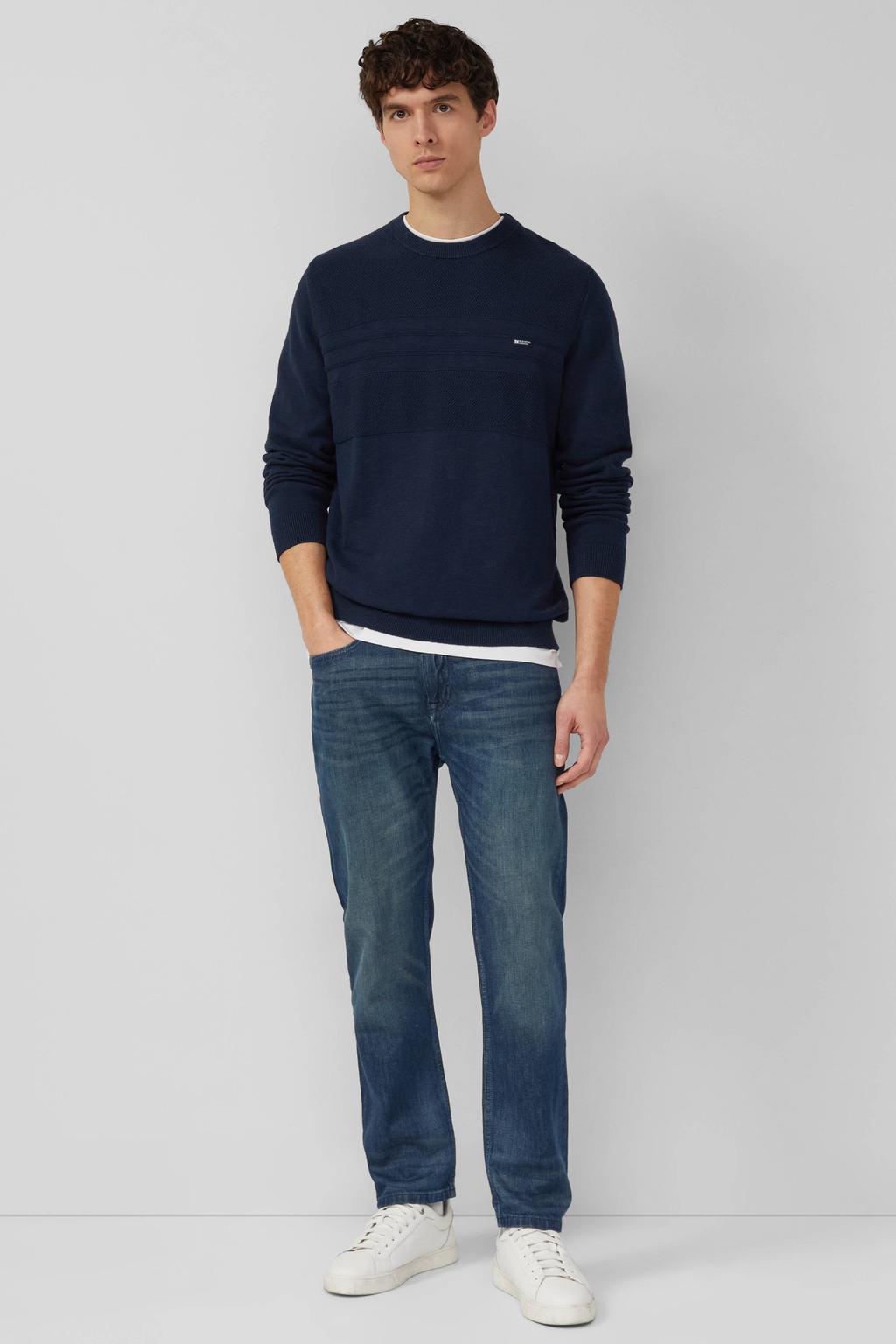 Donkerblauwe heren s.Oliver sweater met effen, lange mouwen, ronde hals en geribde boorden